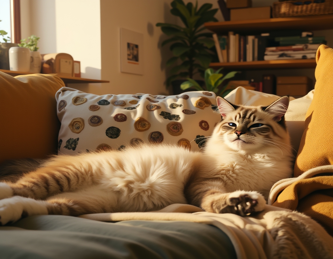 Cat sprawls lazily on a cozy couch, surrounded by decorative pillows and a draped blanket. Soft natural light from a window illuminates its fur, creating a calm, homely atmosphere.